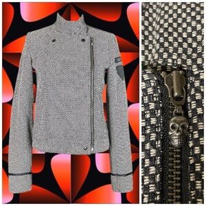 VANS Black & White Checkered Asymmetrical 100% Cotton Skull Zipper Jacket Size M